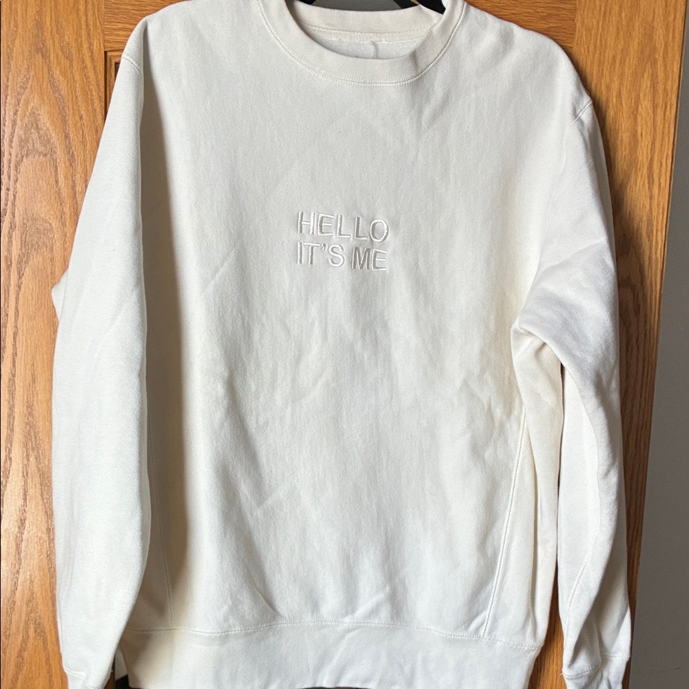 Official Adele Merch Cream 'Hello It's Me' Embroidered Crewneck Sweatshirt